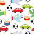 Seamless pattern with children`s toys for boys. Vektoranya a picture with the machine, plane, a ball and a drum.