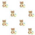 Seamless pattern with children`s toys. A vector picture with a bear and a ball