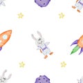 seamless pattern for children on the theme of space. cute children's pattern with bunnies astronauts, rocket, planet