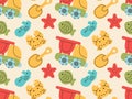 Seamless pattern of children toys and molds for building sand castle flat design. Game for children on beach. Royalty Free Stock Photo