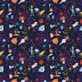Seamless pattern_2_of childrens drawings in flat style on space Royalty Free Stock Photo