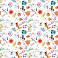 Seamless pattern of childrens drawings in flat style on space th Royalty Free Stock Photo