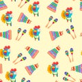 Seamless pattern children's musical toys. Beanbag, piano, xylophone. Bright cartoon children instruments. Child music