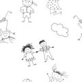 Seamless pattern with children's sketches. Funny caricatures of children. Sketches with children playing. A small child