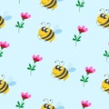 Seamless pattern children. Yellow bumblebee, pink and red flower with green leaves. Blue background. Cartoon style. Cute and funny Royalty Free Stock Photo