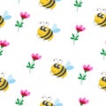 Seamless pattern children. Yellow bumblebee, pink and red flower with green leaves. White background. Cartoon style. Cute and Royalty Free Stock Photo