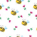 Seamless pattern children. Yellow bumblebee, pink and red flower with green leaves. White background. Cartoon style. Cute and Royalty Free Stock Photo