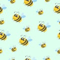 Seamless pattern children. Yellow bumblebees and bees. Blue background. Cartoon style. Cute and funny. Summer or spring. Textile,