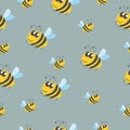 Seamless pattern children. Yellow bumblebees and bees. Grey background. Cartoon style. Cute and funny. Summer or spring. Textile,