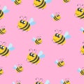 Seamless pattern children. Yellow bumblebees and bees. Pink background. Cartoon style. Cute and funny. Summer or spring. Textile,