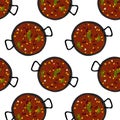 Seamless pattern of Chili con carne with beans, green and corn in cast iron pan. Flat lay. Isolate Royalty Free Stock Photo