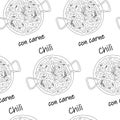 Seamless pattern from Chili con carne with beans and slices with lettering. Latin American food.