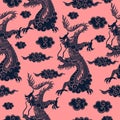 Seamless pattern with Chinese dragon in blue on a pink background. Vector graphics Royalty Free Stock Photo