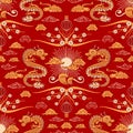 Seamless pattern Chinese New Year of the Wooden Dragon. Sun and clouds. Bright vector vintage illustration, Asian style Royalty Free Stock Photo