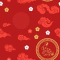 Seamless pattern with Chinese New Year 2023 Zodiac Year of the bunny sign with asian elements. Vector sketch illustration