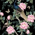 Seamless pattern with Chinese peonies and peacocks. Vector. Royalty Free Stock Photo