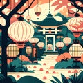 Seamless pattern with chinese temple, lanterns and trees in the park. AI Generated Royalty Free Stock Photo