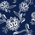 Seamless pattern with Chinese white flowers on blue background. Vector.