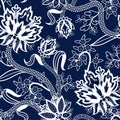 Seamless pattern with Chinese white flowers on blue background. Vector.