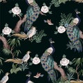 Seamless pattern in chinoiserie style with storks, birds and peonies. Vector, Royalty Free Stock Photo