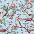 Seamless pattern in chinoiserie style with storks, birds and peonies. Vector,