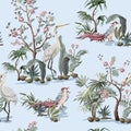 Seamless pattern in chinoiserie style with storks, birds and peonies. Vector, Royalty Free Stock Photo