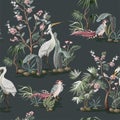 Seamless pattern in chinoiserie style with storks, birds and peonies. Vector, Royalty Free Stock Photo