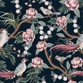 Seamless pattern in chinoiserie style with storks, birds and peonies. Vector, Royalty Free Stock Photo