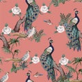 Seamless pattern in chinoiserie style with storks, birds and peonies. Vector, Royalty Free Stock Photo