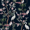 Seamless pattern in chinoiserie style with storks, birds and peonies. Vector, Royalty Free Stock Photo