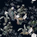 Seamless pattern in chinoiserie style with storks, birds and peonies. Vector, Royalty Free Stock Photo