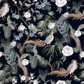 Seamless pattern in chinoiserie style with storks, birds and peonies. Vector, Royalty Free Stock Photo