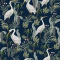 Seamless pattern in chinoiserie style with storks, birds and peonies. Vector, Royalty Free Stock Photo