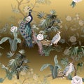 Seamless pattern in chinoiserie style with storks, birds and peonies. Vector, Royalty Free Stock Photo