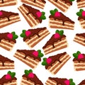 Seamless pattern of chocolate cake pieces with raspberries and mint leaves Royalty Free Stock Photo