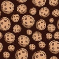 Seamless pattern of chocolate chip cookies. Repetitive background of sweet round biscuits with brown cream on top