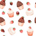 Seamless pattern of chocolate cupcakes. Watercolor illustration. Isolated on a white background