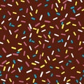 Seamless pattern chocolate glaze for donut. Brown background with decorative colored sprinkles. Vector. Royalty Free Stock Photo