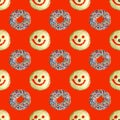 Pattern of Chocolate Glazed Doughnuts with Smiling Face Coconut Flakes Buns on Red Background Royalty Free Stock Photo