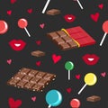 The seamless pattern of chocolate , lollipops and kisses