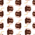 Seamless pattern with chocolate milk flavor Cute delicious drink.