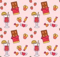 Seamless pattern with chocolates, sweets, mulled wine, cupcake, strawberries, hearts on a pink background. Print for Royalty Free Stock Photo