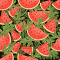 Seamless pattern of chopped slices of watermelon with green leaves flat vector illustration on black background
