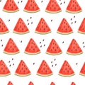 Seamless pattern of chopped slices of watermelon with seeds flat vector illustration on white background Royalty Free Stock Photo