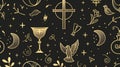 seamless pattern with christian religion icons, holy communion: bible, dove, chalice, candle, wheat ear; great for Royalty Free Stock Photo