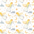 Seamless pattern with Christmas angels watercolor, stars, month, notes Royalty Free Stock Photo