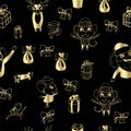 Seamless pattern with christmas attributes in doodle style. gold picture on a black background