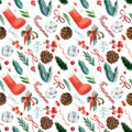 Seamless pattern, Christmas background, lollipop, sock, holly, cotton, pine cone, bows. Watercolor drawings