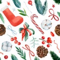 Seamless pattern, Christmas background, lollipop, sock, holly, cotton, pine cone, bows. Watercolor drawings