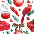 Seamless pattern. Christmas background, red balls, leaves, gifts, spruce branches, bows, watercolor illustration. Royalty Free Stock Photo